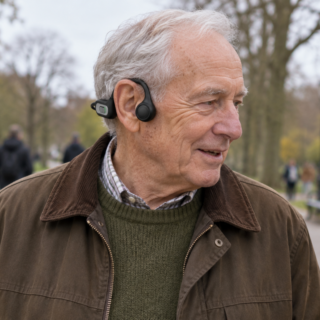 Older man walking in a park wearing the Sonovo Z28, ears open