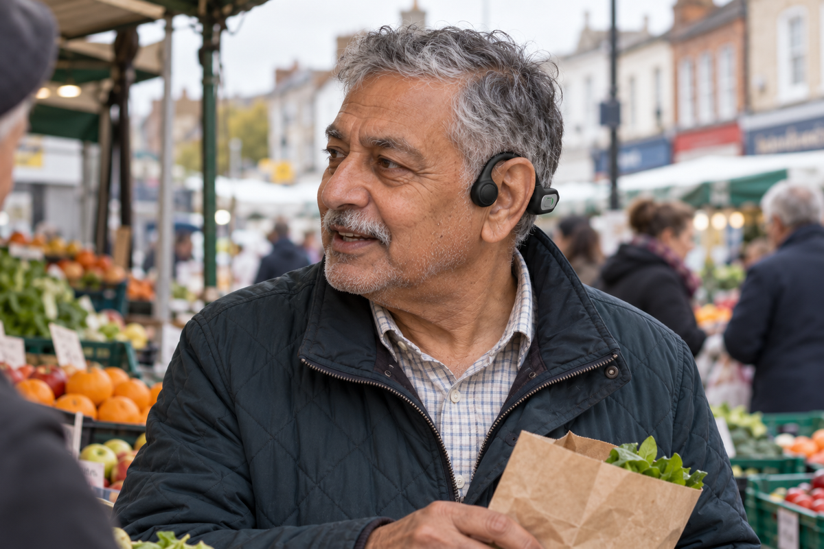 Man shopping at a market with a bag of greens, wearing the Sonovo Z28