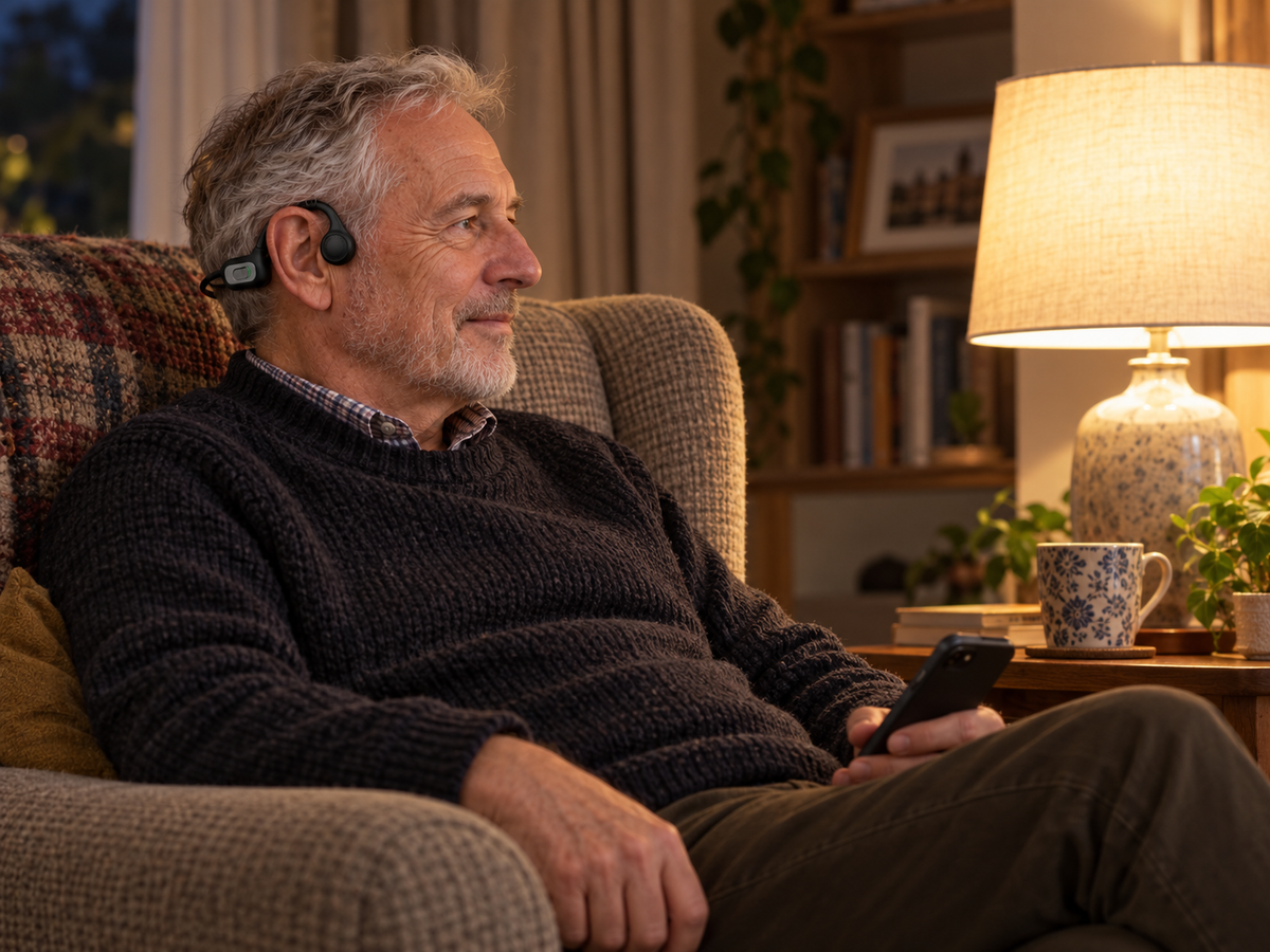 Man relaxing in an armchair by lamplight in the evening, wearing the Sonovo Z28