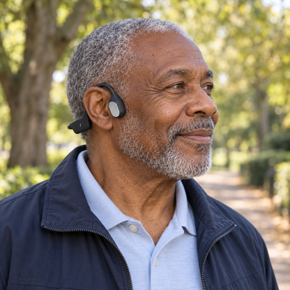 Man walking in a park wearing the Sonovo Z18 bone conduction sound amplifier, ears open