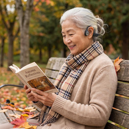 Woman reading on a park bench in autumn, wearing the Sonovo Z18 bone conduction sound amplifier