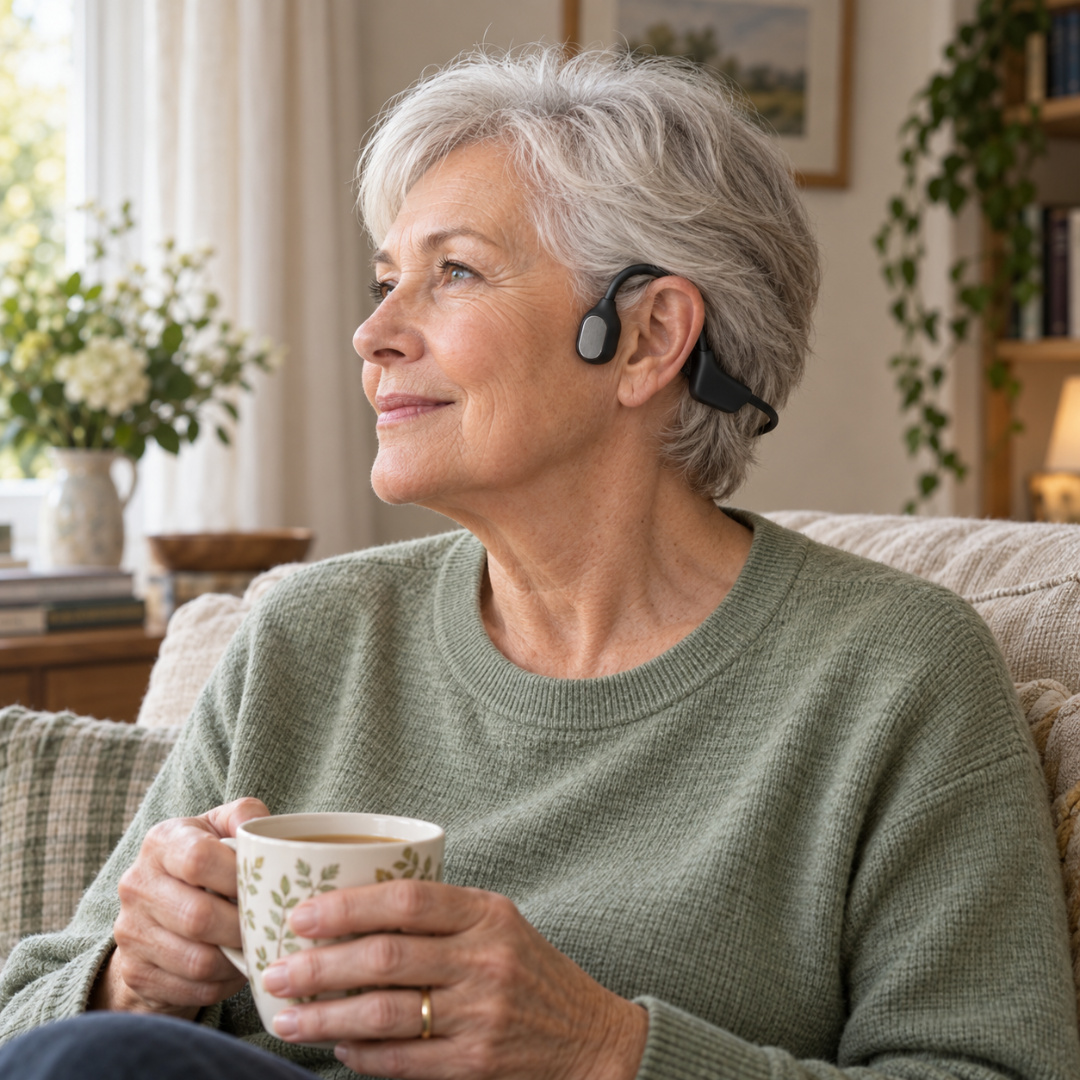 Woman sitting at home with a cup of tea, wearing the Sonovo Z18 bone conduction sound amplifier
