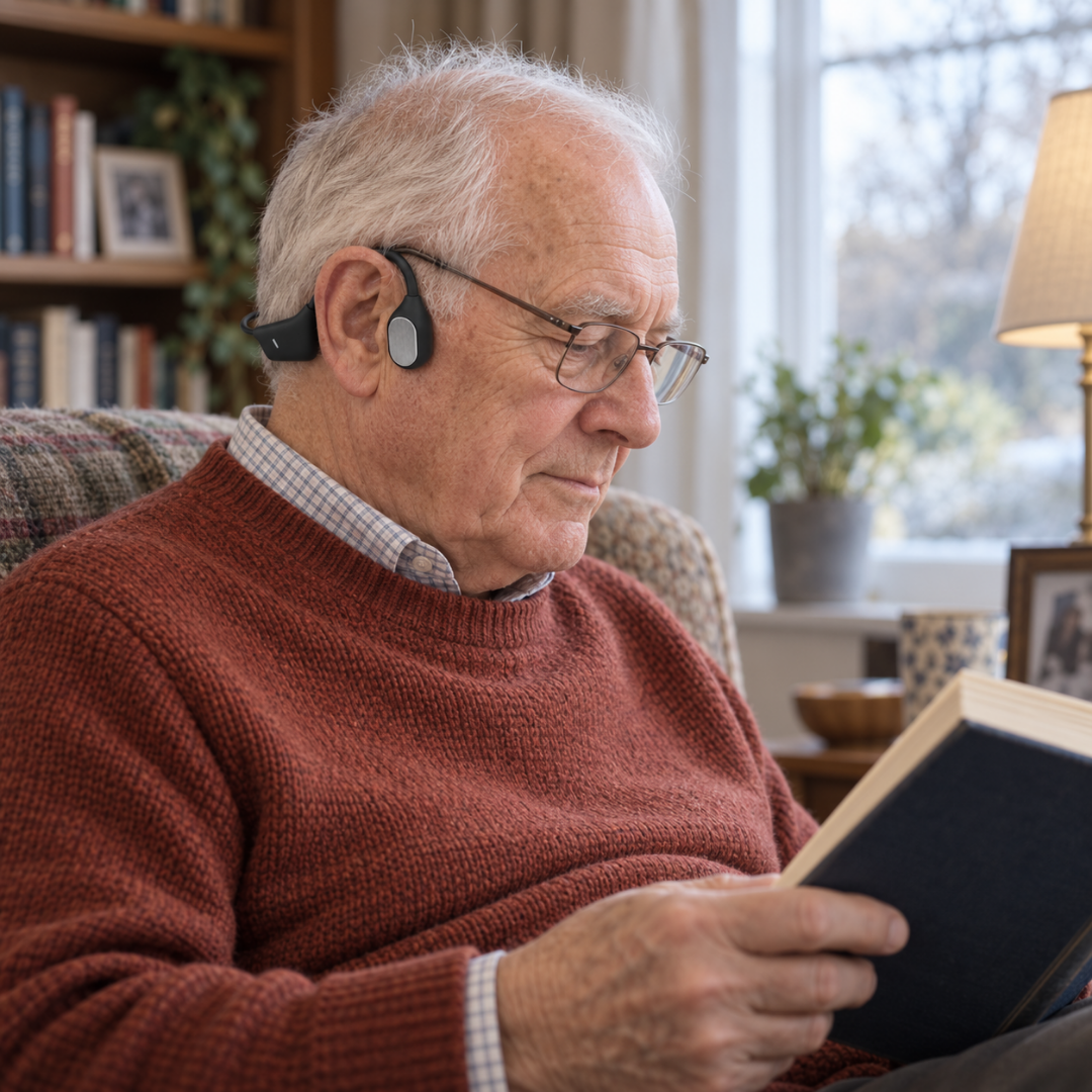 Man reading in an armchair wearing the Sonovo Z18 bone conduction sound amplifier
