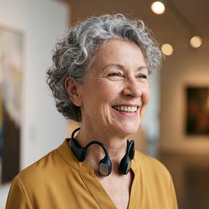 Woman smiling with the Sonovo Z18 bone conduction sound amplifier resting around her neck