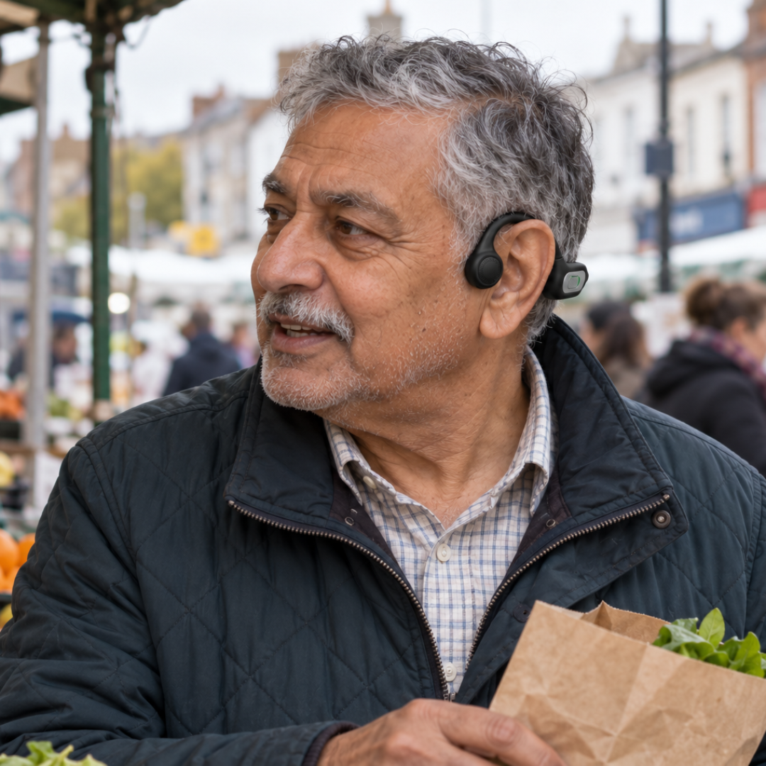 Man shopping at a market with a bag of greens, wearing the Sonovo Z28