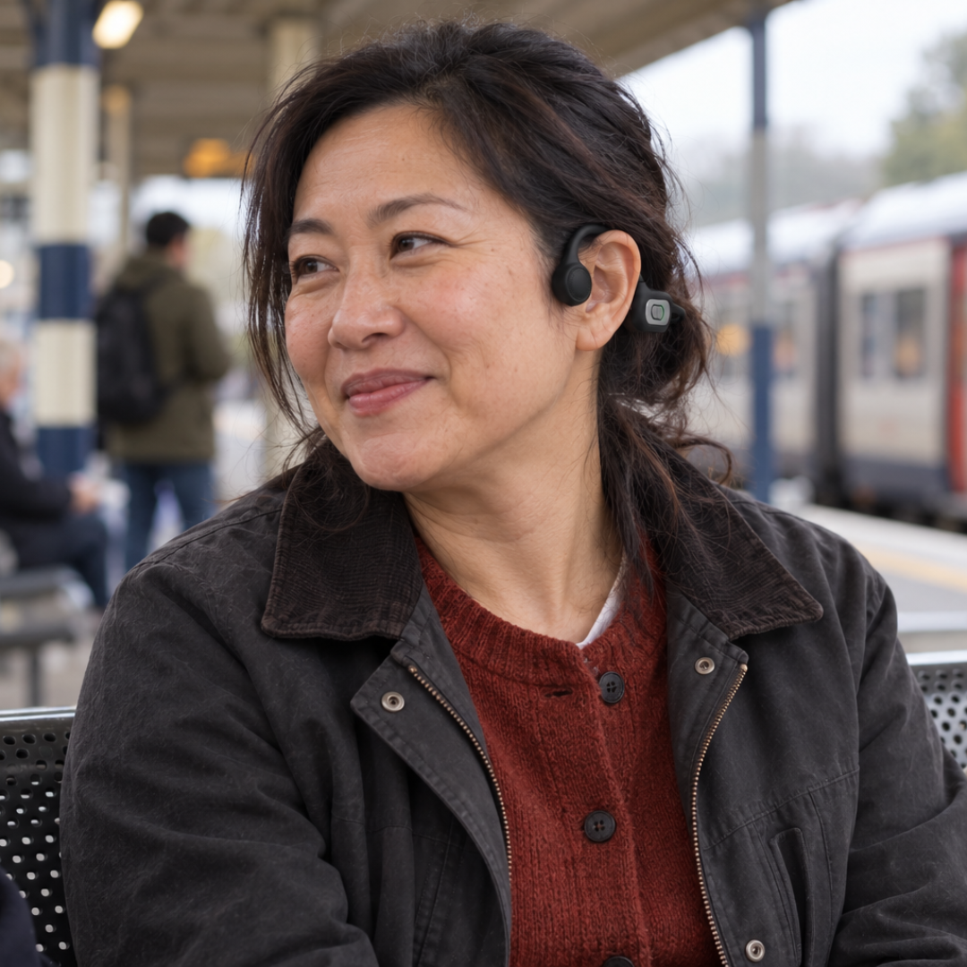 Woman waiting on a station platform wearing the Sonovo Z28
