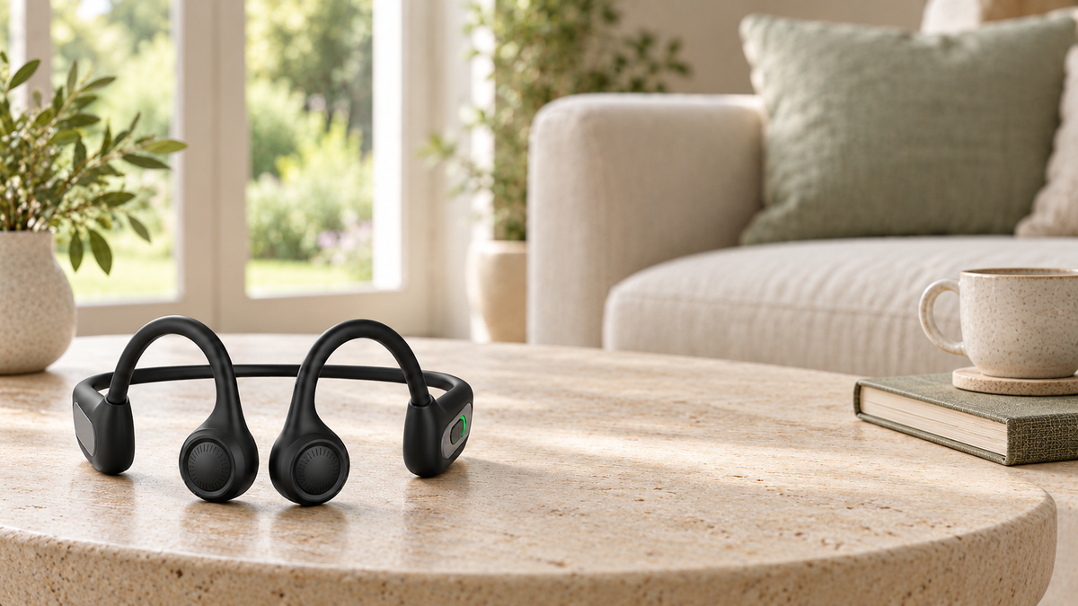 Sonovo Z28 bone conduction headset resting on a limestone coffee table
