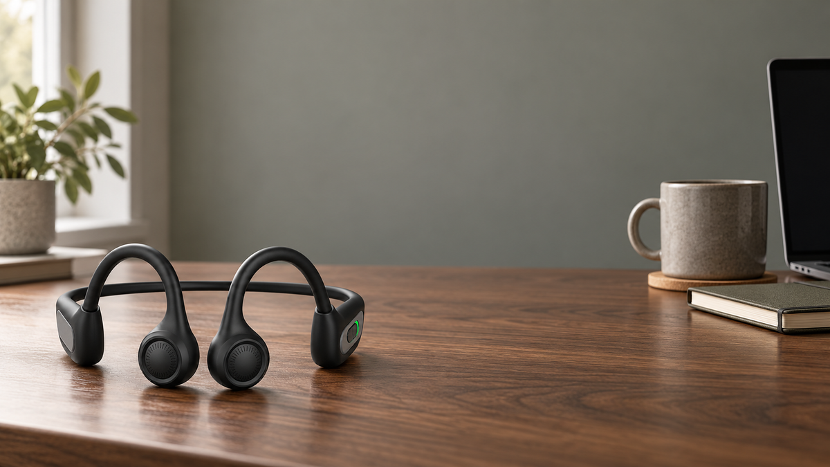 Sonovo Z28 bone conduction headset resting on a wooden desk beside a mug and notebook