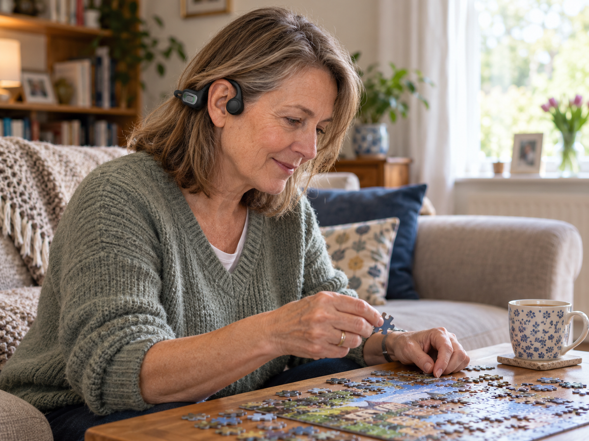 Woman doing a jigsaw puzzle at home with a cup of tea, wearing the Sonovo Z28, ears open